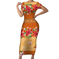 Hawaii Hibiscus Short Sleeve Bodycon Dress Turtles and Tribal Motifs Vintage Floral Style LT03 Long Dress Yellow - Polynesian Pride
