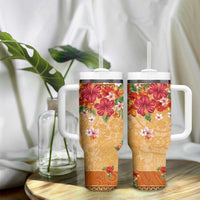 Hawaii Hibiscus Tumbler With Handle Turtles and Tribal Motifs Vintage Floral Style LT03 - Polynesian Pride