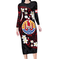 French Polynesia Tiare Day Family Matching Long Sleeve Bodycon Dress and Hawaiian Shirt Seal and Polynesian Pattern LT03 Mom's Dress Black - Polynesian Pride