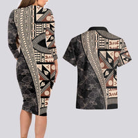 Bula Hibiscus Festival Couples Matching Long Sleeve Bodycon Dress and Hawaiian Shirt Fijian Masi Pattern Half Style LT03 - Polynesian Pride