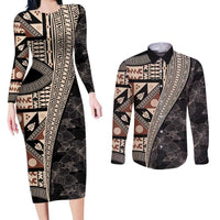 Bula Hibiscus Festival Couples Matching Long Sleeve Bodycon Dress and Long Sleeve Button Shirt Fijian Masi Pattern Half Style LT03 Beige - Polynesian Pride