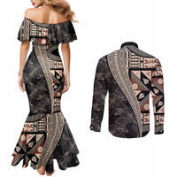 Bula Hibiscus Festival Couples Matching Mermaid Dress and Long Sleeve Button Shirt Fijian Masi Pattern Half Style LT03 - Polynesian Pride