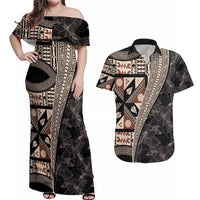 Bula Hibiscus Festival Couples Matching Off Shoulder Maxi Dress and Hawaiian Shirt Fijian Masi Pattern Half Style LT03 Beige - Polynesian Pride