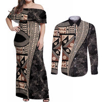 Bula Hibiscus Festival Couples Matching Off Shoulder Maxi Dress and Long Sleeve Button Shirt Fijian Masi Pattern Half Style LT03 Beige - Polynesian Pride