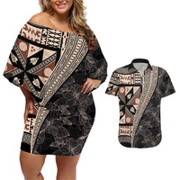 Bula Hibiscus Festival Couples Matching Off Shoulder Short Dress and Hawaiian Shirt Fijian Masi Pattern Half Style LT03 Beige - Polynesian Pride