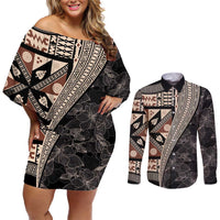 Bula Hibiscus Festival Couples Matching Off Shoulder Short Dress and Long Sleeve Button Shirt Fijian Masi Pattern Half Style LT03 Beige - Polynesian Pride
