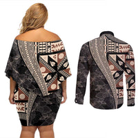 Bula Hibiscus Festival Couples Matching Off Shoulder Short Dress and Long Sleeve Button Shirt Fijian Masi Pattern Half Style LT03 - Polynesian Pride