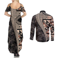 Bula Hibiscus Festival Couples Matching Summer Maxi Dress and Long Sleeve Button Shirt Fijian Masi Pattern Half Style