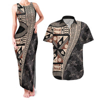 Bula Hibiscus Festival Couples Matching Tank Maxi Dress and Hawaiian Shirt Fijian Masi Pattern Half Style LT03 Beige - Polynesian Pride