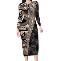 Bula Hibiscus Festival Family Matching Long Sleeve Bodycon Dress and Hawaiian Shirt Fijian Masi Pattern Half Style LT03 Mom's Dress Beige - Polynesian Pride