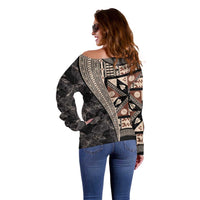 Bula Hibiscus Festival Off Shoulder Sweater Fijian Masi Pattern Half Style
