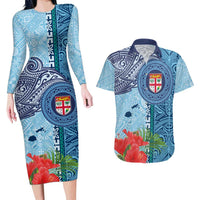 Fiji Day Couples Matching Long Sleeve Bodycon Dress and Hawaiian Shirt Tapa Pattern and Hibiscus Flower LT03 Blue - Polynesian Pride