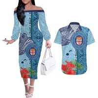 Fiji Day Couples Matching Off The Shoulder Long Sleeve Dress and Hawaiian Shirt Tapa Pattern and Hibiscus Flower LT03 Blue - Polynesian Pride
