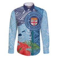 Fiji Day Family Matching Short Sleeve Bodycon Dress and Hawaiian Shirt Tapa Pattern and Hibiscus Flower LT03 Dad's Shirt - Long Sleeve Blue - Polynesian Pride