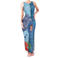 Fiji Day Family Matching Tank Maxi Dress and Hawaiian Shirt Tapa Pattern and Hibiscus Flower LT03 Mom's Dress Blue - Polynesian Pride