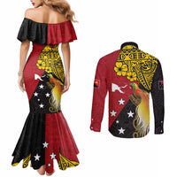Papua New Guinea Independence Day Couples Matching Mermaid Dress and Long Sleeve Button Shirt Bird-of-Paradise with Map and Polynesian Pattern LT03 - Polynesian Pride