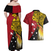 Papua New Guinea Independence Day Couples Matching Off Shoulder Maxi Dress and Hawaiian Shirt Bird-of-Paradise with Map and Polynesian Pattern LT03 - Polynesian Pride