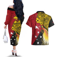 Papua New Guinea Independence Day Couples Matching Off The Shoulder Long Sleeve Dress and Hawaiian Shirt Bird-of-Paradise with Map and Polynesian Pattern LT03 - Polynesian Pride