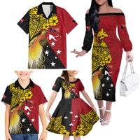 Papua New Guinea Independence Day Family Matching Off The Shoulder Long Sleeve Dress and Hawaiian Shirt Bird-of-Paradise with Map and Polynesian Pattern LT03 - Polynesian Pride