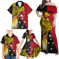 Papua New Guinea Independence Day Family Matching Off Shoulder Maxi Dress and Hawaiian Shirt Bird-of-Paradise with Map and Polynesian Pattern LT03 - Polynesian Pride