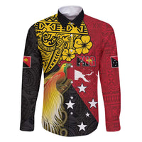 Papua New Guinea Independence Day Family Matching Off Shoulder Maxi Dress and Hawaiian Shirt Bird-of-Paradise with Map and Polynesian Pattern LT03 Dad's Shirt - Long Sleeve Black - Polynesian Pride
