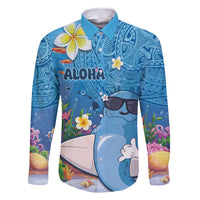 Aloha Hawaiian Monk Seal Family Matching Off Shoulder Maxi Dress and Hawaiian Shirt Polynesian Tattoo The Ocean and Undersea Vibe LT03 Dad's Shirt - Long Sleeve Blue - Polynesian Pride
