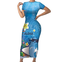 Aloha Hawaiian Monk Seal Short Sleeve Bodycon Dress Polynesian Tattoo The Ocean and Undersea Vibe LT03 Long Dress Blue - Polynesian Pride