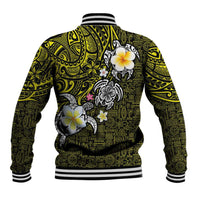 Hawaiian Turtle and Plumeria Baseball Jacket Polynesian Tattoo and Tribal Elements Pattern Yellow Color