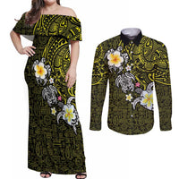 Hawaiian Turtle and Plumeria Couples Matching Off Shoulder Maxi Dress and Long Sleeve Button Shirt Polynesian Tattoo and Tribal Elements Pattern Yellow Color