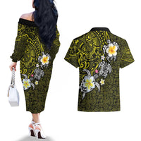 Hawaiian Turtle and Plumeria Couples Matching Off The Shoulder Long Sleeve Dress and Hawaiian Shirt Polynesian Tattoo and Tribal Elements Pattern Yellow Color