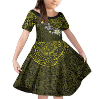 Hawaiian Turtle and Plumeria Family Matching Mermaid Dress and Hawaiian Shirt Polynesian Tattoo and Tribal Elements Pattern Yellow Color LT03 Daughter's Dress Yellow - Polynesian Pride