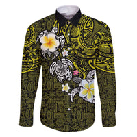 Hawaiian Turtle and Plumeria Family Matching Off The Shoulder Long Sleeve Dress and Hawaiian Shirt Polynesian Tattoo and Tribal Elements Pattern Yellow Color
