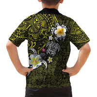 Hawaiian Turtle and Plumeria Family Matching Off Shoulder Maxi Dress and Hawaiian Shirt Polynesian Tattoo and Tribal Elements Pattern Yellow Color LT03 - Polynesian Pride