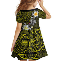 Hawaiian Turtle and Plumeria Kid Short Sleeve Dress Polynesian Tattoo and Tribal Elements Pattern Yellow Color