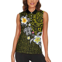 Hawaiian Turtle and Plumeria Women Sleeveless Polo Shirt Polynesian Tattoo and Tribal Elements Pattern Yellow Color LT03 - Polynesian Pride