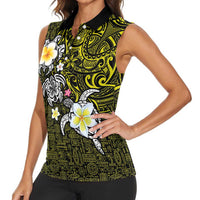 Hawaiian Turtle and Plumeria Women Sleeveless Polo Shirt Polynesian Tattoo and Tribal Elements Pattern Yellow Color LT03 - Polynesian Pride
