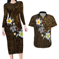 Hawaiian Turtle and Plumeria Couples Matching Long Sleeve Bodycon Dress and Hawaiian Shirt Polynesian Tattoo and Tribal Elements Pattern Orange Color LT03 Orange - Polynesian Pride