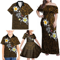 Hawaiian Turtle and Plumeria Family Matching Off Shoulder Maxi Dress and Hawaiian Shirt Polynesian Tattoo and Tribal Elements Pattern Orange Color LT03 - Polynesian Pride