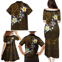 Hawaiian Turtle and Plumeria Family Matching Puletasi and Hawaiian Shirt Polynesian Tattoo and Tribal Elements Pattern Orange Color LT03 - Polynesian Pride