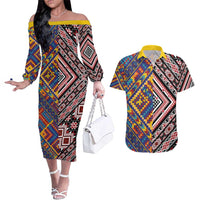 Tuvaluan and New Zealand Culture Couples Matching Off The Shoulder Long Sleeve Dress and Hawaiian Shirt The Art of Kolose and Taniko LT03 Navy - Polynesian Pride
