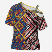 Tuvaluan and New Zealand Culture Cross Shoulder Shirt The Art of Kolose and Taniko LT03 Female Navy - Polynesian Pride