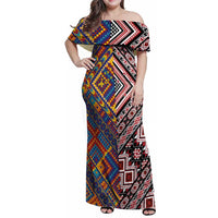 Tuvaluan and New Zealand Culture Family Matching Off Shoulder Maxi Dress and Hawaiian Shirt The Art of Kolose and Taniko LT03 Mom's Dress Navy - Polynesian Pride