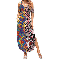 Tuvaluan and New Zealand Culture Family Matching Summer Maxi Dress and Hawaiian Shirt The Art of Kolose and Taniko LT03 Mom's Dress Navy - Polynesian Pride