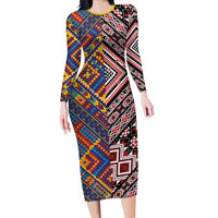 Tuvaluan and New Zealand Culture Long Sleeve Bodycon Dress The Art of Kolose and Taniko LT03 Long Dress Navy - Polynesian Pride