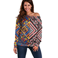 Tuvaluan and New Zealand Culture Off Shoulder Sweater The Art of Kolose and Taniko LT03 Women Navy - Polynesian Pride