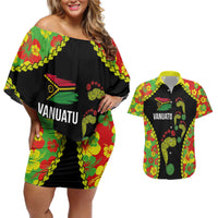 Personalised Vanuatu Running Couples Matching Off Shoulder Short Dress and Hawaiian Shirt Footprint and Hibiscus Polynesian Style LT03 Black - Polynesian Pride