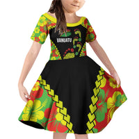 Personalised Vanuatu Running Family Matching Off Shoulder Short Dress and Hawaiian Shirt Footprint and Hibiscus Polynesian Style LT03 Daughter's Dress Black - Polynesian Pride