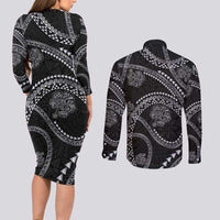 Hawaiian Kakau Art and Hisbiscus Tattoo Couples Matching Long Sleeve Bodycon Dress and Long Sleeve Button Shirt Tribal Pattern-Silver Style LT03 - Polynesian Pride