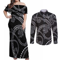 Hawaiian Kakau Art and Hisbiscus Tattoo Couples Matching Off Shoulder Maxi Dress and Long Sleeve Button Shirt Tribal Pattern-Silver Style LT03 Black - Polynesian Pride