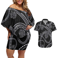 Hawaiian Kakau Art and Hisbiscus Tattoo Couples Matching Off Shoulder Short Dress and Hawaiian Shirt Tribal Pattern-Silver Style LT03 Black - Polynesian Pride